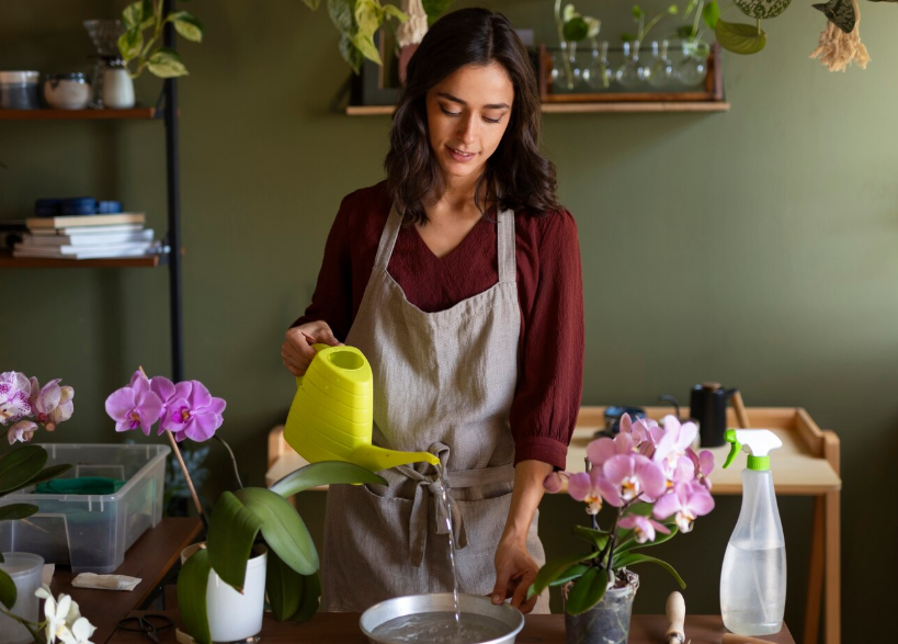 A woman gently watering pink orchid plants indoors.